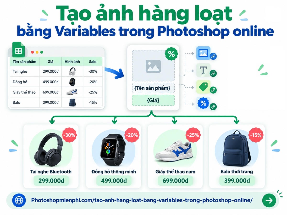 Tạo ảnh hàng loạt bằng Variables trong Photoshop online